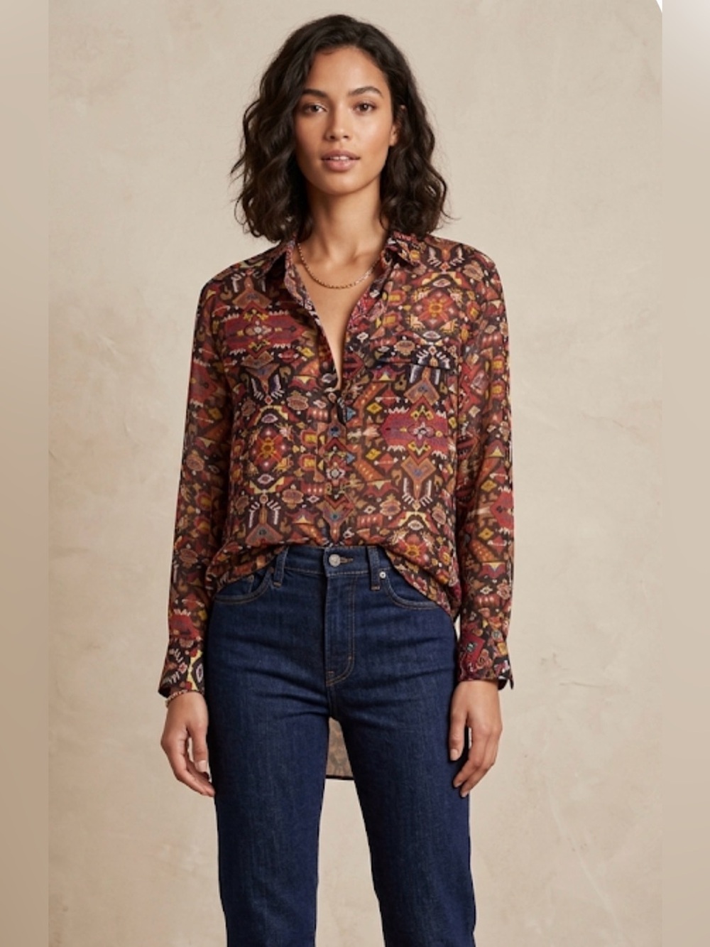 Equipment Femme Silk Button Down Shirt Geometric Aztec Print Multi Small
